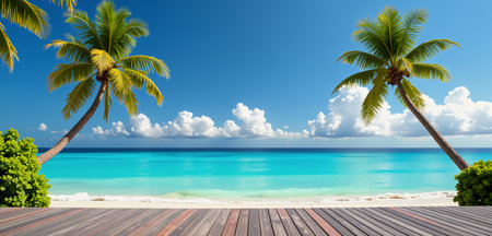 Beautiful beach background and design templates. A heavenly beautiful beach images for your design project. With Blue sky, white sands, coconut tree in a tropical island. A graphic Illustration piece with mixed media source. Photo, Illustration, 3D Rendering and some degree of AI image generation & Alteration might be used to create this image.の写真素材