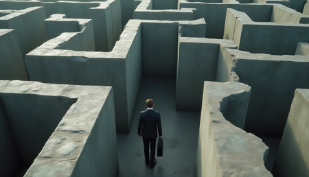 Business problem and Success concept. A businessman get stuck in puzzled situation, illustrated with a maze, trying to find a way to success and escaping the confusing condition. A graphic Illustration piece with mixed media source. Photo, Illustration, 3D Rendering and some degree of AI image generation and alteration might be used to create this image.の写真素材