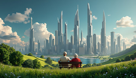A story about a love in an old couple that aged beautifully with them. A couple of senior citizen sitting on a park bench, talking to each other about the the love and the life they spent together as a couple, while enjoying the scenery of the beauty and majestic futuristic city in front of them. A digital Illustration composed with mixed media source elements. Photography, illustration, drawing, 3D Rendering and some degree of AI image processing and enhancement will be used whenever means necessary to produce the best quality image.の写真素材