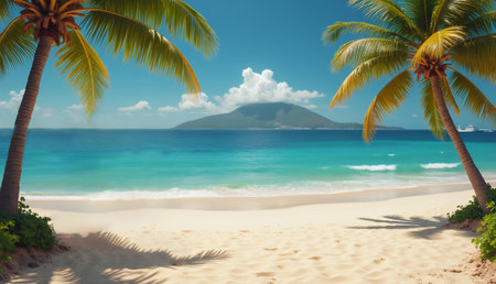 Beautiful beach background and design templates. A heavenly beautiful beach images for your design project. With Blue sky, white sands, coconut tree in a tropical island.A graphic Illustration piece with mixed media source. Photo, Illustration, 3D Rendering or some degree of AI image generation and alteration might be used to create this image.の写真素材