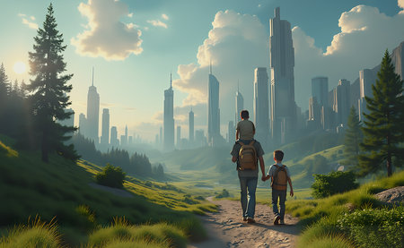 Fathers love. A Beautiful digital concept piece illustration about a middle class father takes his children, his generation, , his sons, into a beautiful, peaceful and majestic futuristic world. He carries his younger son on his shoulder and walk hand in hand with another son to their destiny. A graphic Illustration piece with mixed media source. Photo, Illustration, 3D Rendering and some degree of AI image generation and alteration might be used to create this image.の写真素材