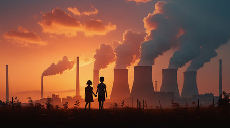 Industrial Pollution and Global Warming Image Concepts, with a boy and a girl silhouette standing and worrying about industrial site smoke pollution on background. A graphic Illustration piece with mixed media source. Photo, Illustration, 3D Rendering or some degree of AI image generation and alteration might be used to create this image.の写真素材