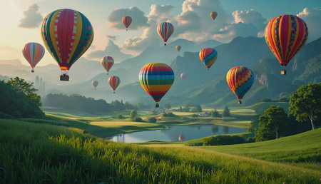 Beautiful conceptual image of a vibrant colored gas balloon flying on beautiful scenery. There is a space in the foreground to put your design project into.の写真素材