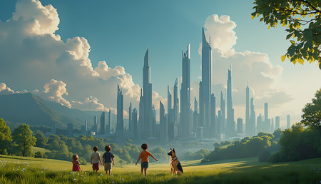 A digital illustration of joy, cheerful and happiness in children life. With children with a german shepherd dog having a good time in their life, playing in the field on the outskirt of majestic futuristic city.の写真素材