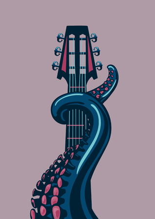 Octopus tentacle is holding a guitar riff. A template for music posters.のイラスト素材