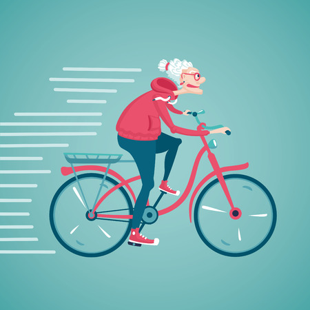 The old woman is riding a bicycle. Cartoon vector illustration. Character design.のイラスト素材