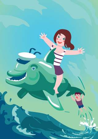 Boy and girl riding on a dolphinのイラスト素材