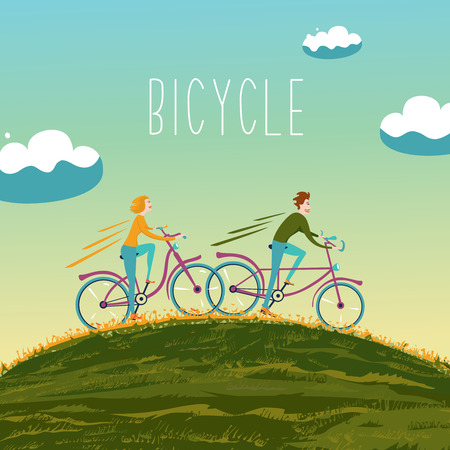 Two people are cycling up the hillのイラスト素材