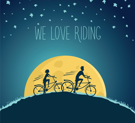 Night cycling. Man and woman ride bikes at night on the hilのイラスト素材