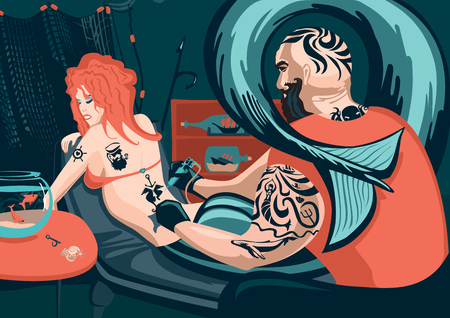 Tattoo master and mermaid. The sailor does a tattoo on the body of a mermaidのイラスト素材