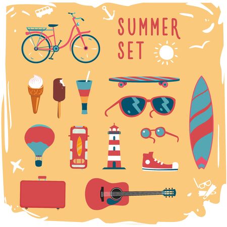Summer object collection. Seasonal icon set. Vintage styleのイラスト素材