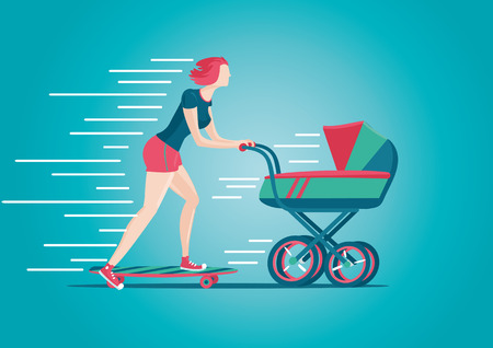 Mother walking with a pram. Active woman concept. Cartoon illustrationのイラスト素材
