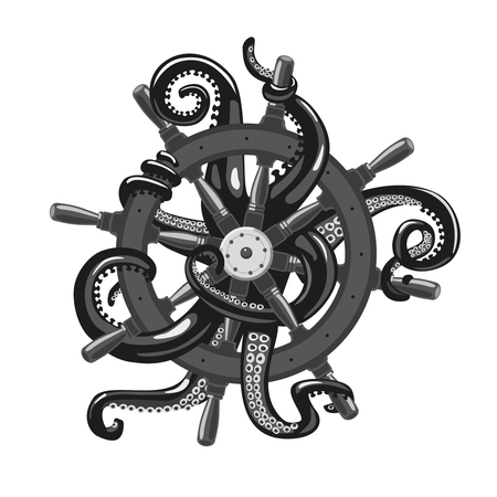Tentacles wrap around the wheel. Isolated vector illustration with an octopus. Tattoo style.のイラスト素材