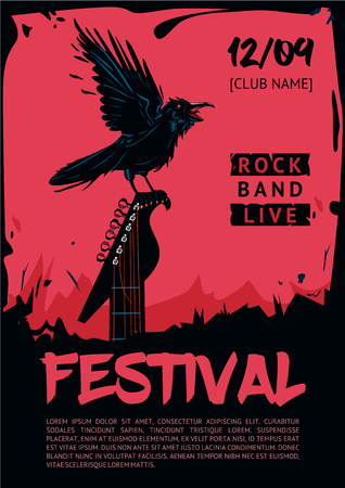 Raven with guitar. Poster template for club, festival, concert and rock party. Grunge style.のイラスト素材