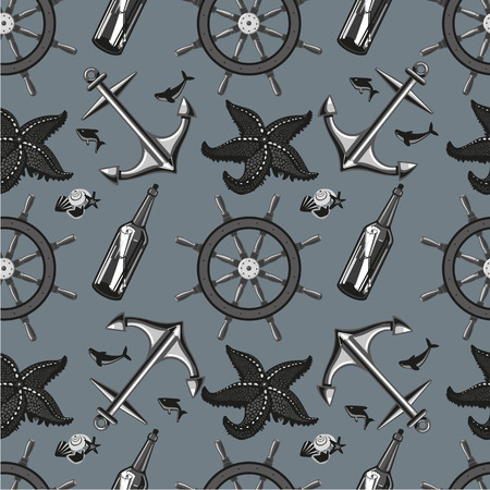 Seamless pattern with anchor and whell. for travel and adventure. Black and white elements.のイラスト素材