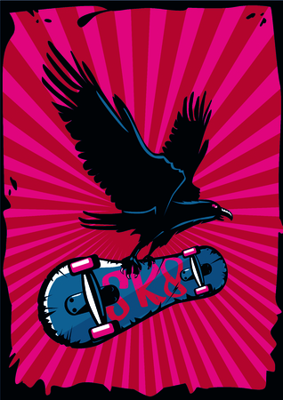 Grunge style illustration with bird and skateboard. Extreme sport poster.のイラスト素材