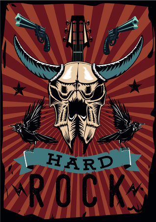 Hard rock poster with bull skull. Grunge styleのイラスト素材