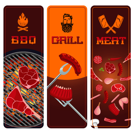 BBQ, meat and grill vertical banners set. Barbeque ingredients.のイラスト素材