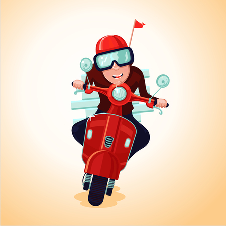 Fast pizza delivery. Man on a scooter. Cartoon character. Front viewのイラスト素材