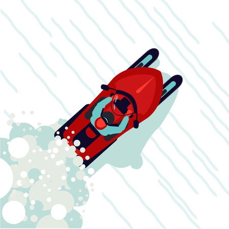 Top view of a snowmobile. Winter sport. Man on a snow bike. Flat style.のイラスト素材