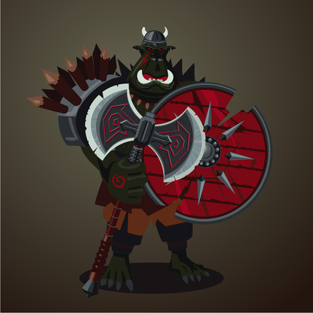 Big green angry orc with weapons. Warrior goblin. Game design character concept.のイラスト素材