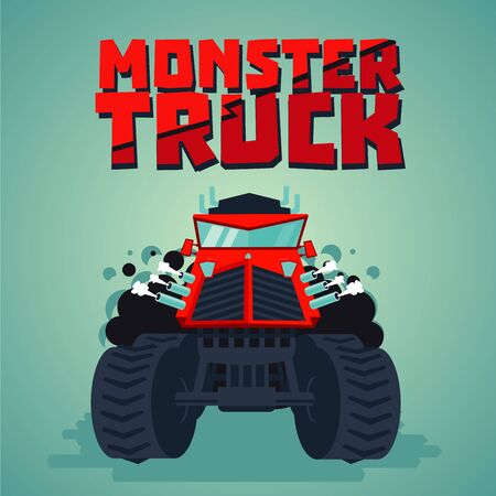 Red monster truck. Isolated illustration. Big car, cartoon style. Front viewのイラスト素材