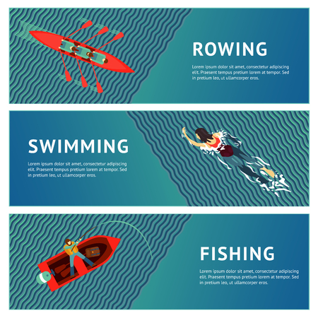 People recreation on a river. Water sport. Horizontal banners set. Flat style illustration.のイラスト素材