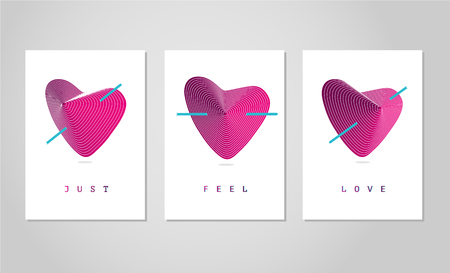 Cards set for Valentine's day, love poster collection with heart. Trendy design, vibrant color modern 3d form with strips and lines.のイラスト素材