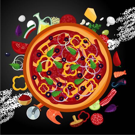 Italian pizza ingredients on dark backround. Top view, vector banner in cartoon style.のイラスト素材