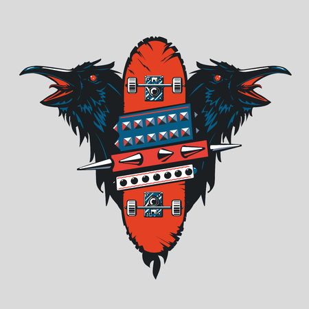 Skateboard vintage poster. Skate punk emblem with birds. Tattoo style.のイラスト素材