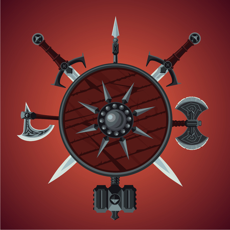 Vector banner with antique weapons. Fantasy game equipment on isolated background.のイラスト素材