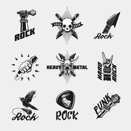 Rock music icon set. Vintage black emblem collection isolated on white. Punk and heavy metal symbol pack.のイラスト素材