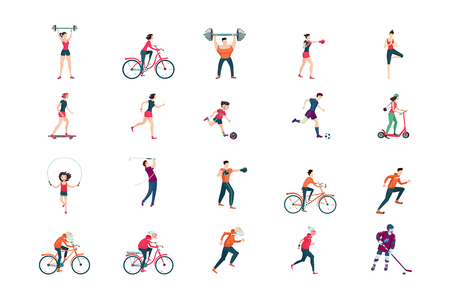 Fitness people flat icon set. Sport man and woman cartoon character isolated on white.のイラスト素材