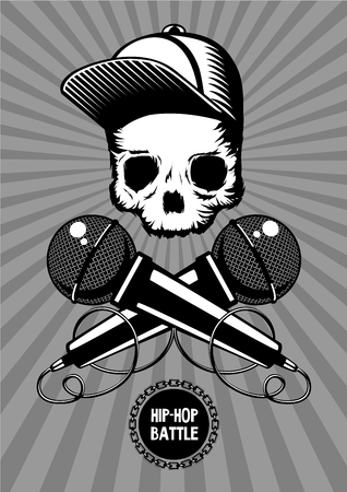 Hip-hop battle music poster with skull and microphones. Rap show vector illustration.のイラスト素材