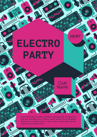Electro party poster with dj equipment on a background. Dance music fest banner for nightclub.のイラスト素材