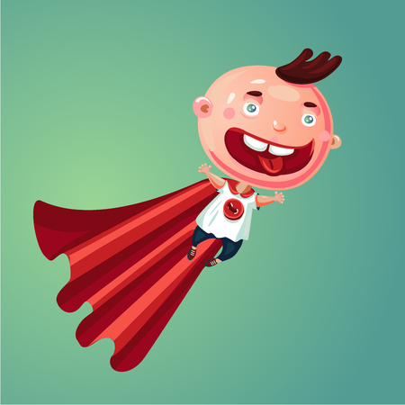 Wonder baby. Super boy. Funny little child in super hero suit. Humor cartoon illustration.の写真素材