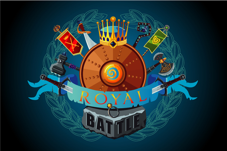 Video game vector sign. Royal magic emblem for gaming tournament with weapon and antique equipment. Horizontal banner with fantasy elements. Cartoon style.のイラスト素材
