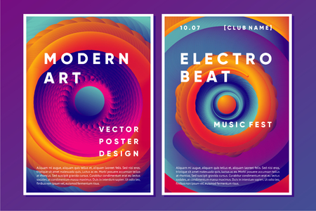 Electronic music poster design with vibrant vortex. Night club abstract background with color gradient shapes. Vector template.のイラスト素材