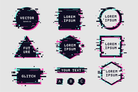 Glitch effect banners and frame set. Vector clipart elements. Futuristic design with glitchy abstract shapes.のイラスト素材