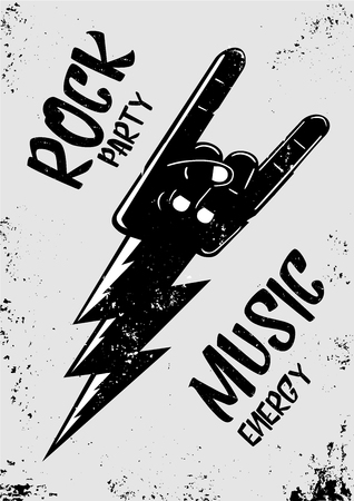 Rock music poster with hand and thunderbolt. Grunge style poster. Live party template.のイラスト素材
