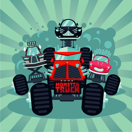 Monster truck catoon illustration with big car. Vector background. Extreme sport race.のイラスト素材