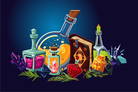 Magic lab with fantasy objects. Elixirs, ingredients and beakers.Cartoon background with alchemy objects. Vector illustration.のイラスト素材