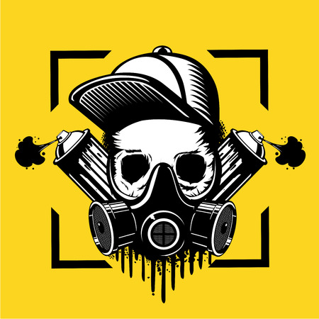 Street art artist. Skull in a protective mask and paint spray can. Tattoo style illustration. Underground culture emblem.のイラスト素材