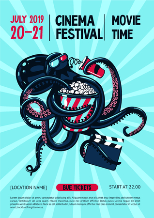 Movie festival poster with octopus and cinema equipment. Cartoon vector illustration.Cinematography web banner template.のイラスト素材