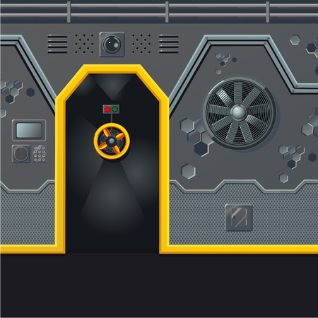Futuristic spaceship wall with door. Game design level concept. Sci-fi background. Shelter door, retro aylum.のイラスト素材