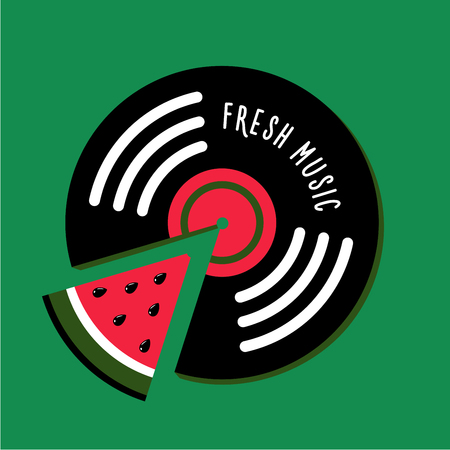 Summer music festival poster with vinyl record and watermelon. Beach party invitation template.のイラスト素材