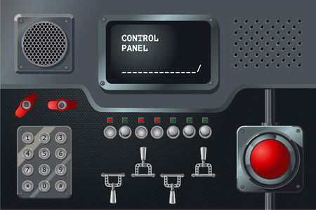 Control panel with display, buttons and handles. Vintage metalic controller. Industry equipment. Laboratory dashboard. Vector design.のイラスト素材