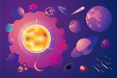 Universe with cartoon planets. Set of space objects. Solar system clip art.のイラスト素材