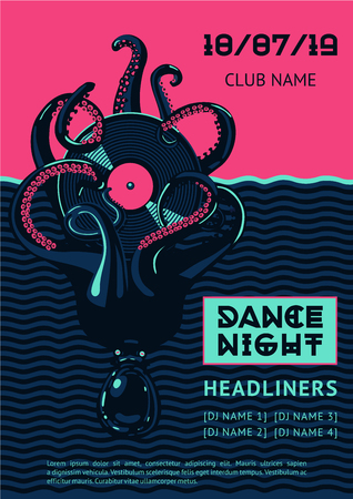 Poster template with octopus and vinyl record. Night party background. Summer dance music festival.のイラスト素材