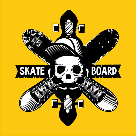 Skateboard vector emblem with skull and boards. Tattoo style illustration on isolated background.のイラスト素材